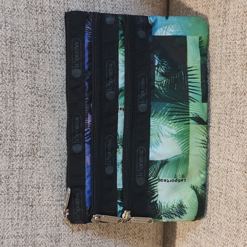 LeSportsac•3 Zip pocket Pouch•Island Palm Trees•Sunset•Used•Pen Marks